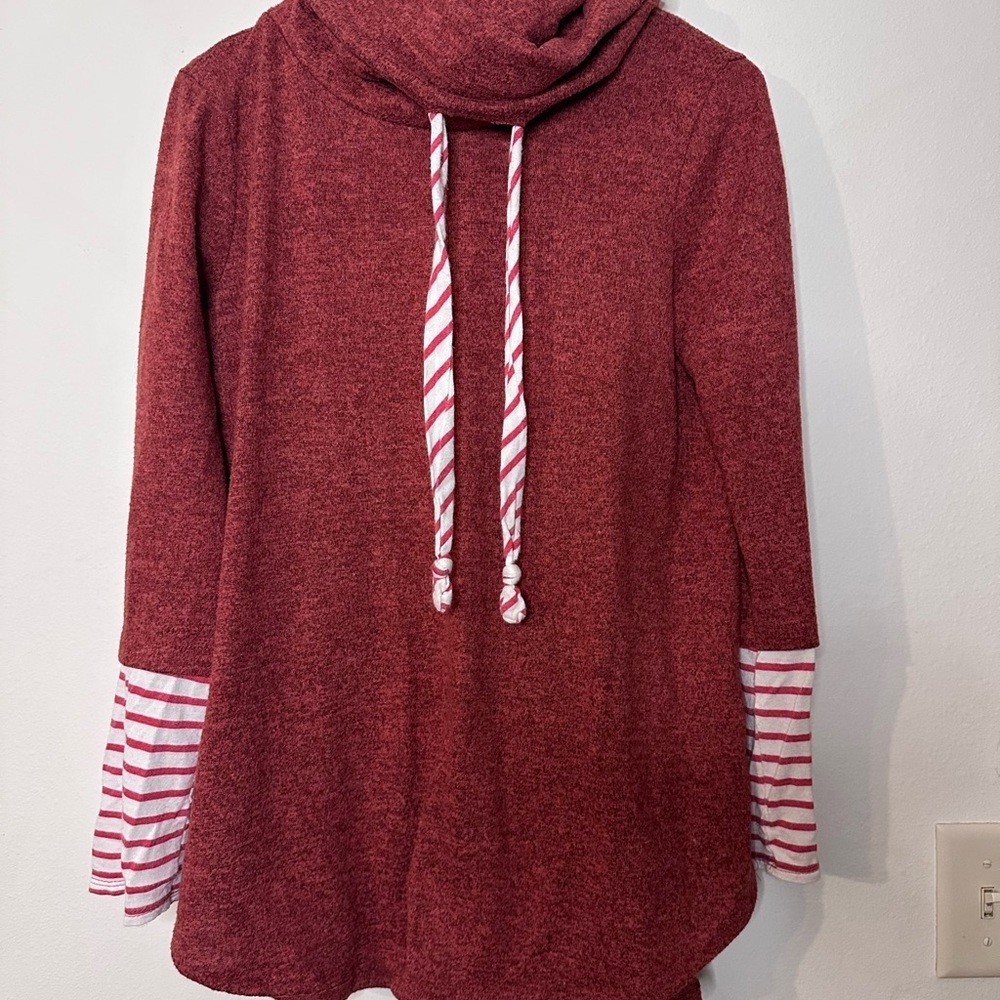 My Story Red Cowl Neck Sweater with Striped Sleeves
